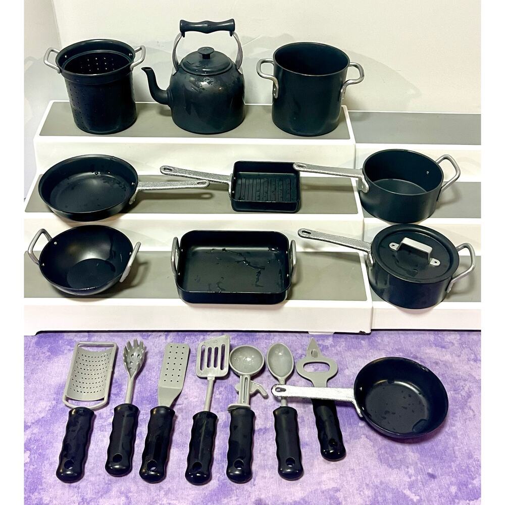 Original Toys R Us Just Like Home Non-Stick Play Cookware Silver & Black 19 Pcs